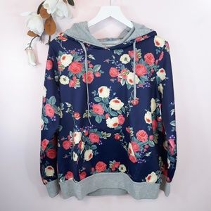 CUPSHE Floral Pull Over Hoodie Navy Blue Size L